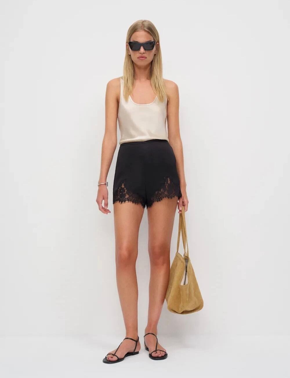 Reformation Fern Black Satin Lace Elastic Waist Shorts Women’s Size XS